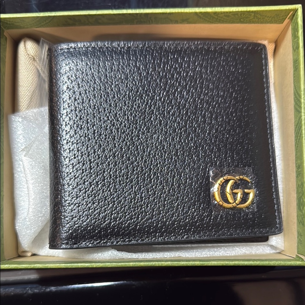 Black Leather Wallet with Gold Logo